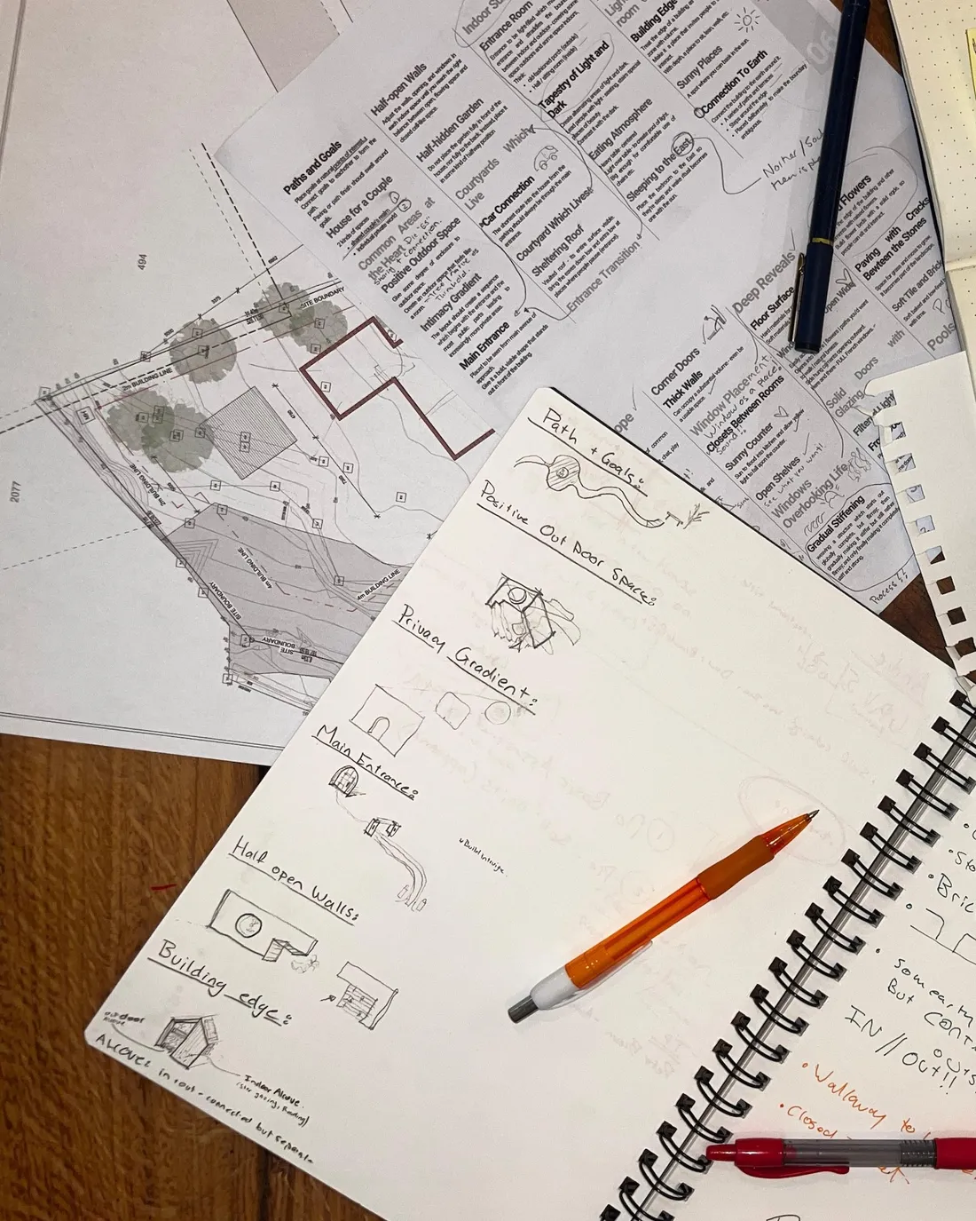Notebook with early design sketches