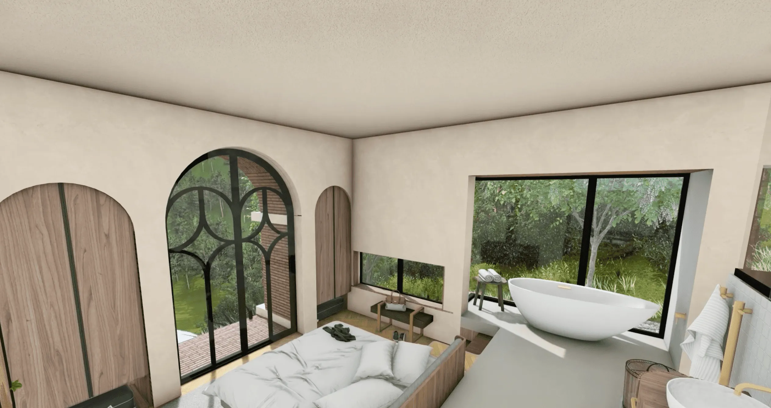 Bedroom lounge with arched windows and freestanding bath