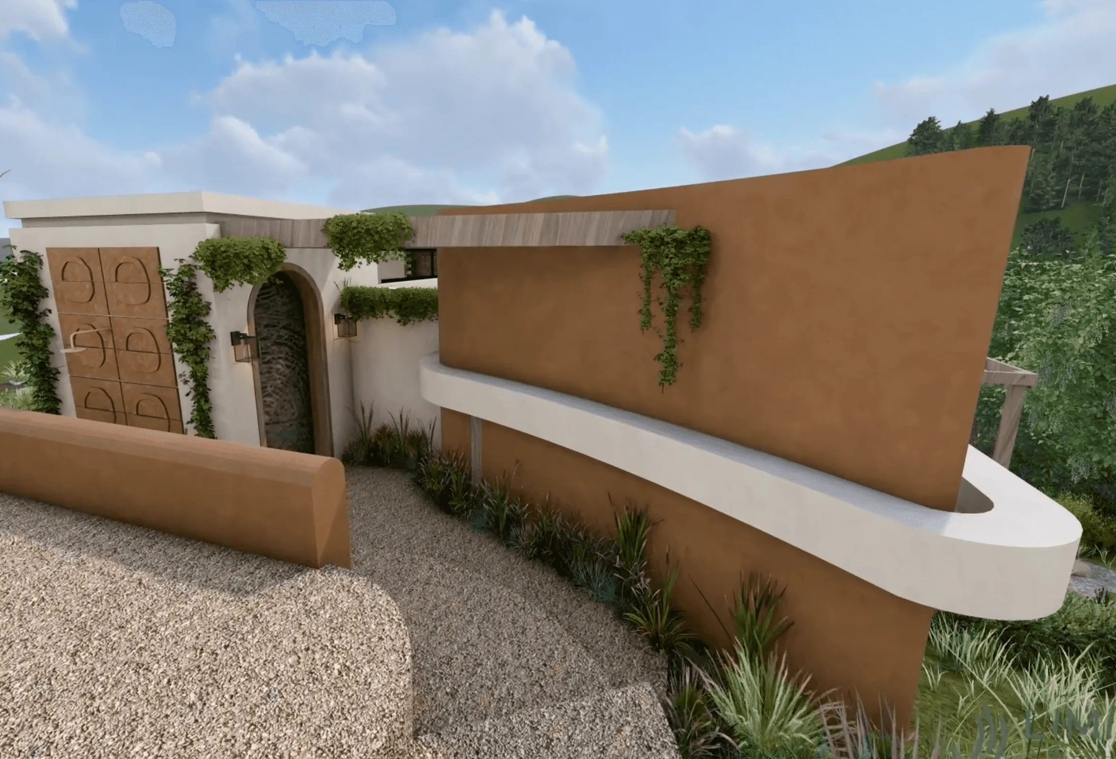 Render of the curved feature wall at the Stilkrans entrance