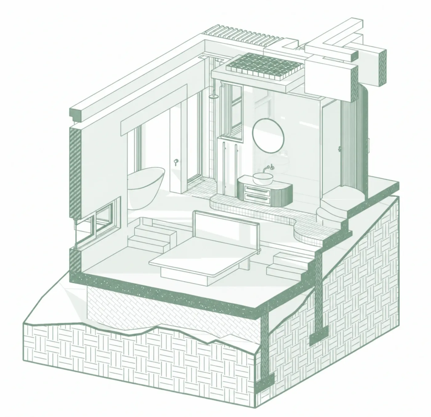 Isometric concept drawing of the Stilkrans bedroom and raised bathroom, with a bath, shower, and basin.