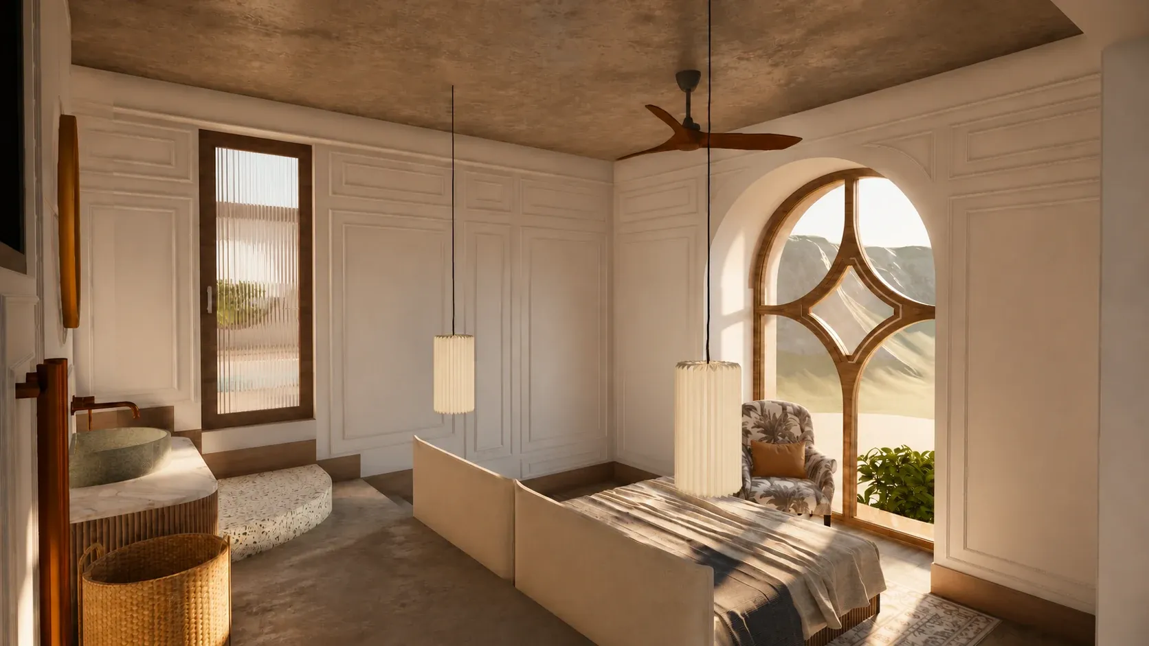 Bedroom concept with a large timber-framed arched window looking toward the mountains.
