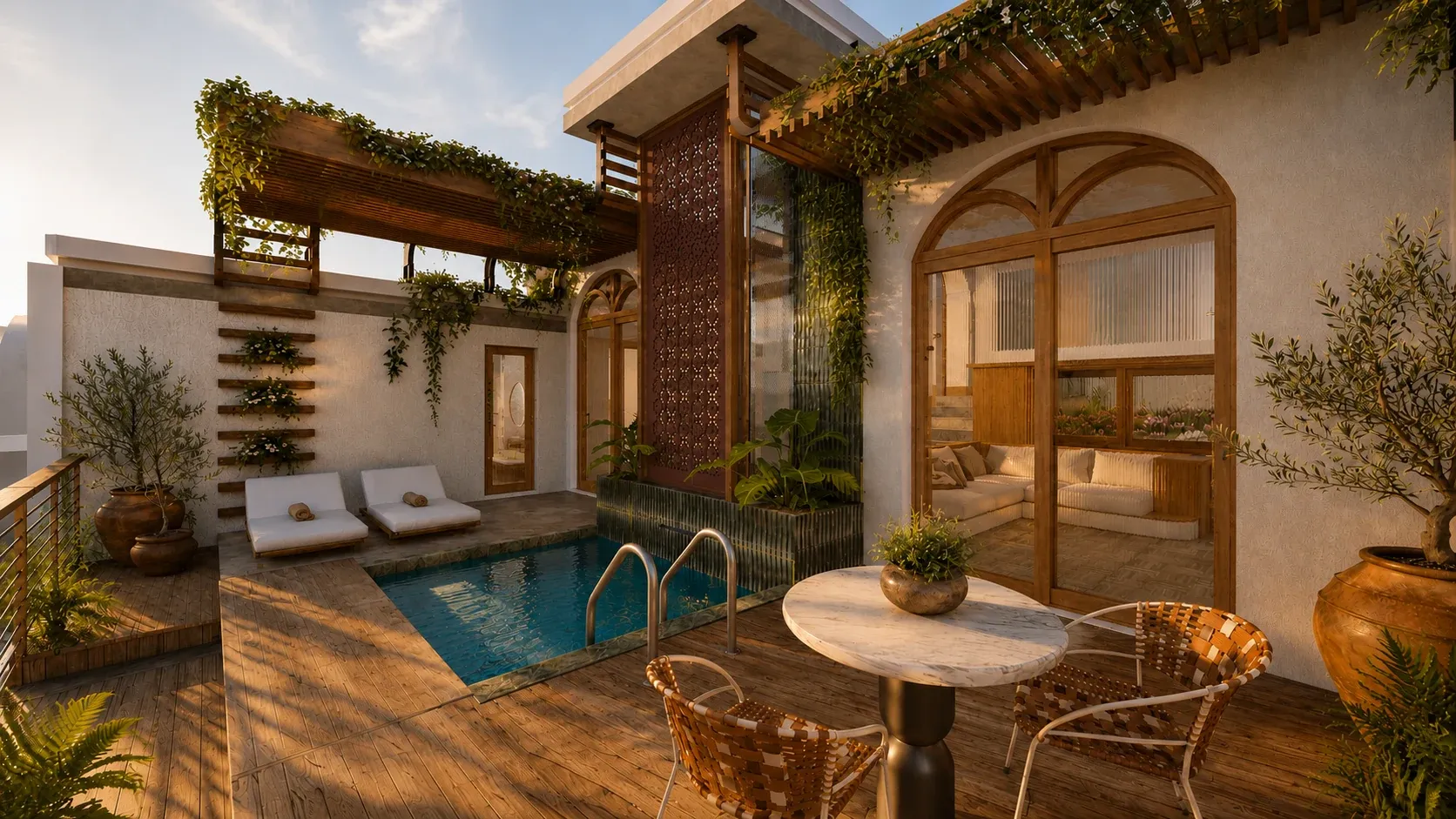 Concept render of the Stilkrans deck and pool, with timber arched doors, climbing plants and an outdoor table for two.