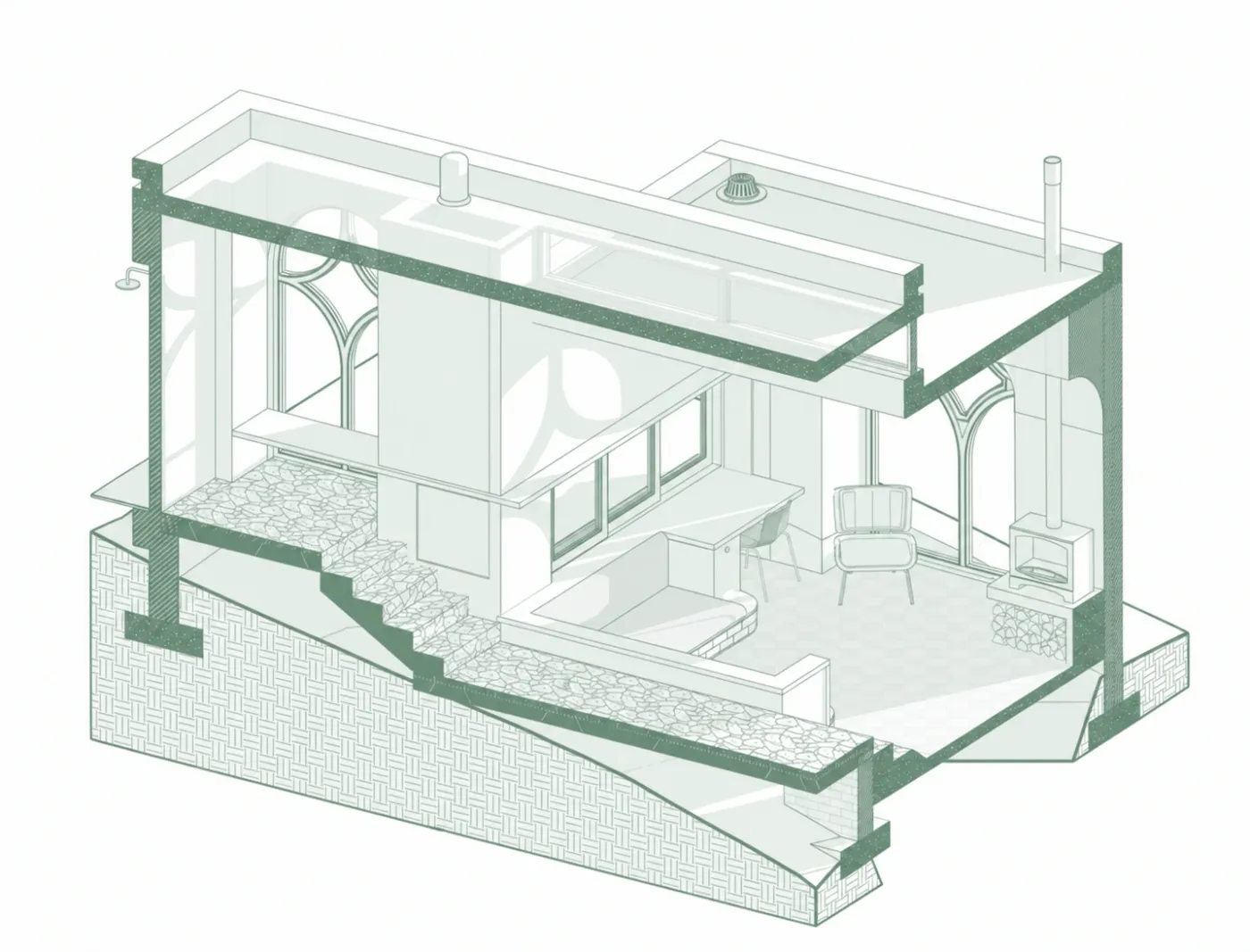 Isometric concept drawing of the Stilkrans lounge, showing its split levels, fireplace, and arched windows.
