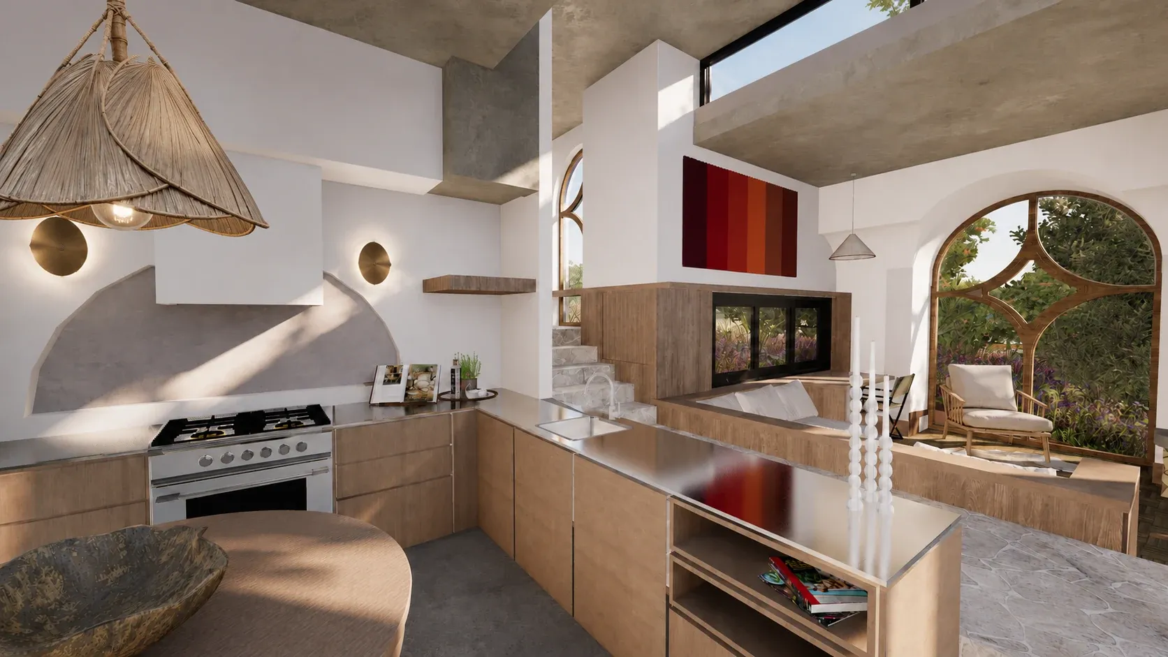 Kitchen concept with timber cupboards and stainless steel worktops overlooking the sunken lounge.