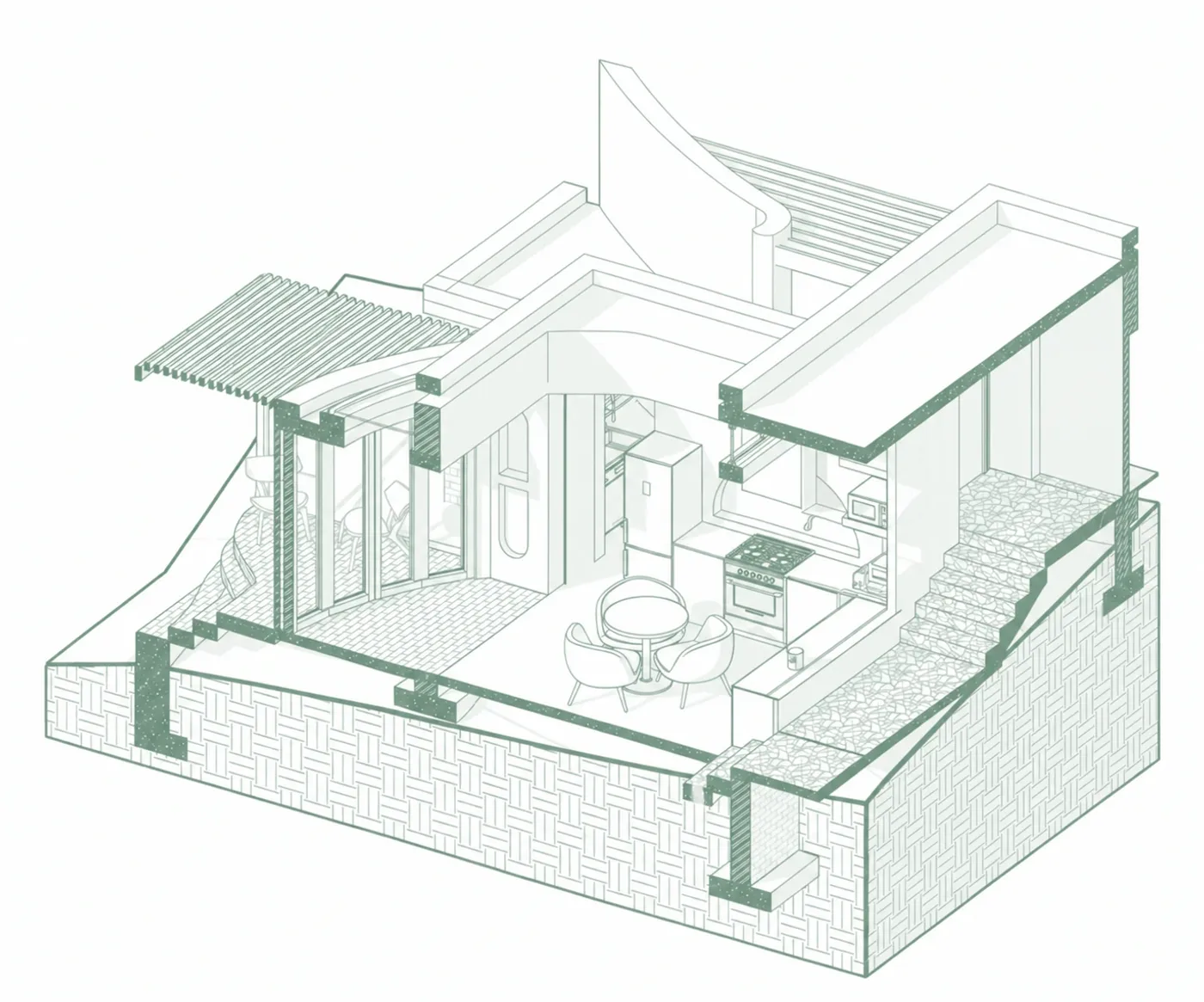 Isometric concept drawing of the Stilkrans kitchen, dining table, and steps to the adjoining spaces.