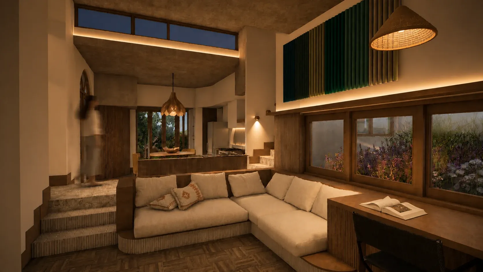 Lounge concept with a built-in sofa, a low table, and steps leading up to the kitchen.