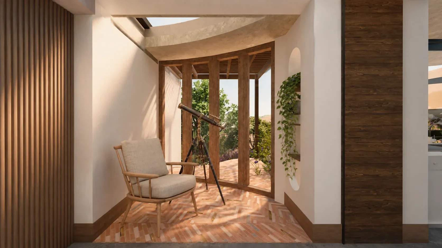 Stargazing nook concept with an armchair, telescope, and skylight.